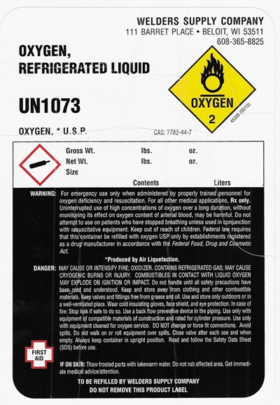 Oxygen Liquid Label (Welders Supply Oxygen Lox)